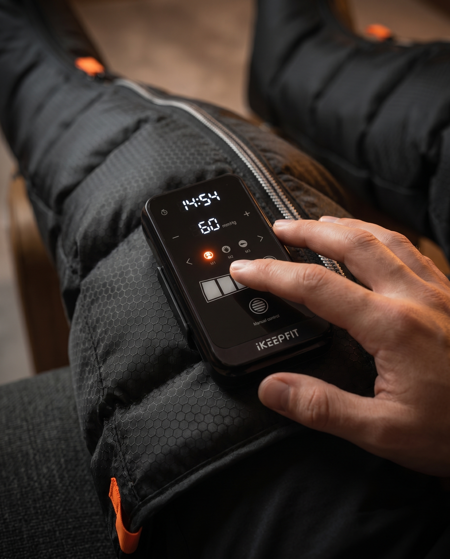 Bottes de pressothérapie sans fil iKeepFit — 5 chambres, 5 modes, 60 à 195 mmHg, batterie 4400 mAh — Halo Labs